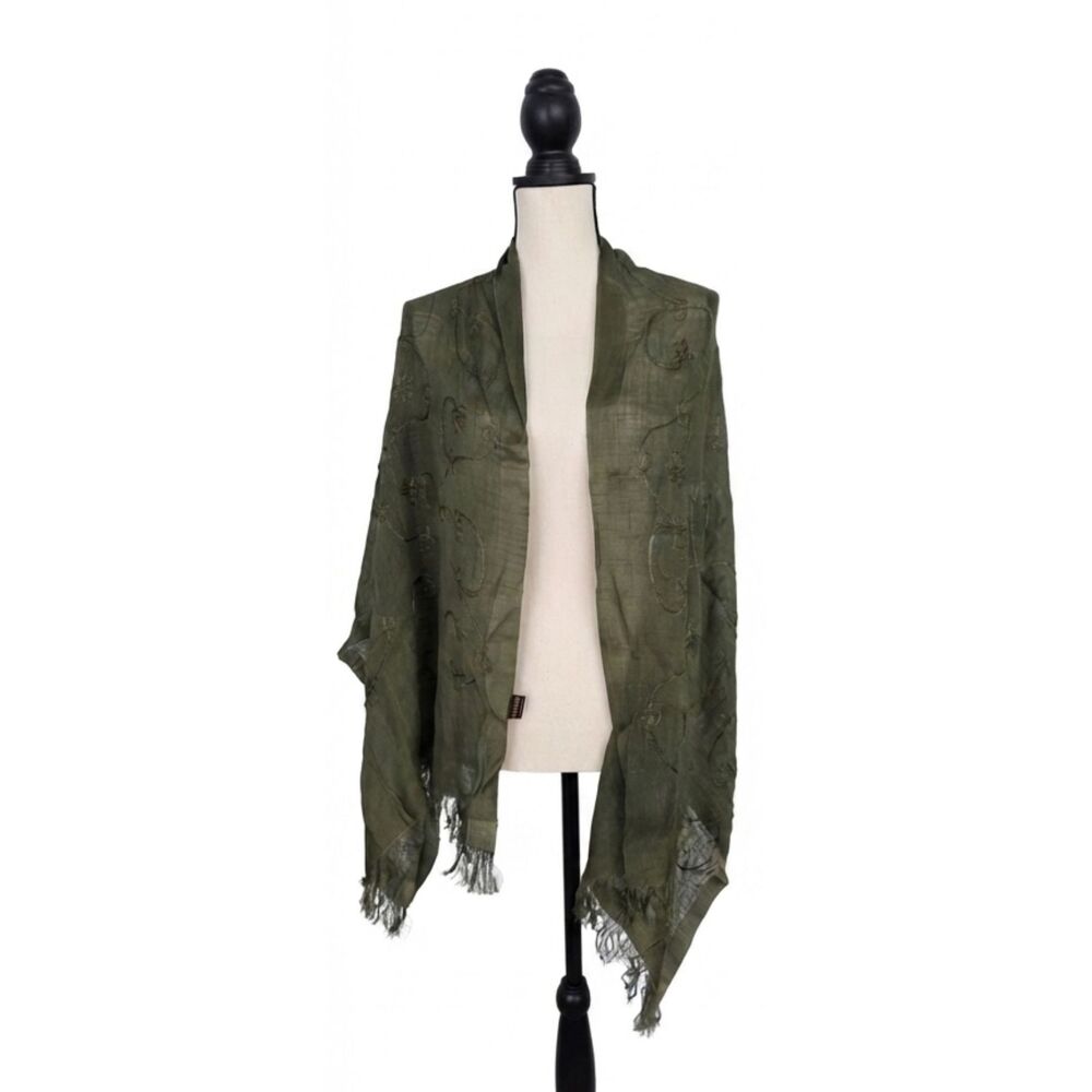 Khaisilk Olive Green Silk Embroidered Floral Vine Fringe Scarf Wrap